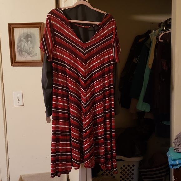 Red & Multi Stripe Jersey Fluted Dress - Picture 6 of 6